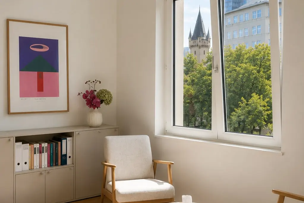 Heller Therapieraum mit Blick auf den Eschenheimer Turm